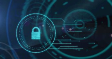 Güvenlik asma kilidi ile dijital arayüz ve mavi arka planda veri işleme. Siber güvenlik ve küresel ağ teknolojisi kavramı