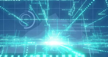 Mavi arkaplandaki veri işleme üzerindeki ışık izlerinin resmi. küresel teknoloji, bilgisayar ve dijital arayüz kavramı, dijital olarak oluşturulmuş resim.