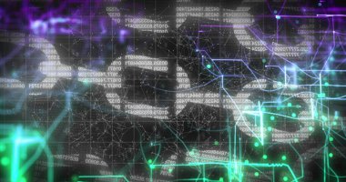 Siyah arkaplan üzerinde veri işleme resmi. Küresel teknoloji ve dijital arayüz kavramı, dijital olarak oluşturulmuş görüntü.