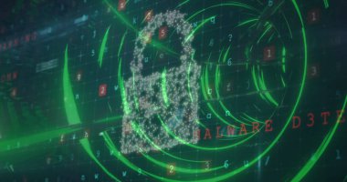 Güvenlik asma kilit ikonu ve siber güvenlik veri işleme sistemi kusursuz bir şekilde parlayan tünele karşı. Siber güvenlik ve iş teknolojisi kavramı