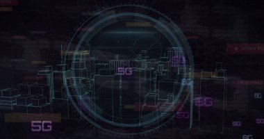 Siyah arkaplanda şehir ve veri işleme simgelerinin resmi. Küresel teknoloji, bilgisayar ve dijital arayüz kavramı, dijital olarak oluşturulmuş resim.