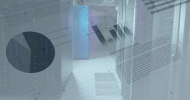 Sunucu odasındaki finansal veri işleme resmi. Küresel iş, finans ve dijital arayüz kavramı, dijital olarak oluşturulmuş görüntü.