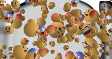 Gri arkaplanda birden fazla düşen emojinin resmi. Sosyal medya ve iletişim konsepti, dijital olarak oluşturulmuş görüntü.