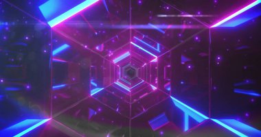 Siyah arkaplanda mavi ve mor ışıkların parlayan görüntüsü. Işık, soyut ve hareket konsepti, dijital olarak oluşturulmuş görüntü.