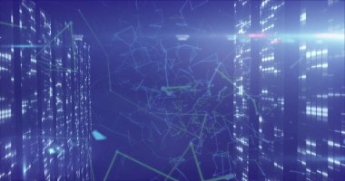 Siyah arkaplanda hareket eden sütunlar üzerindeki bağlantı ağının resmi. küresel bağlantılar, veri işleme ve dijital arayüz kavramı, dijital olarak oluşturulmuş resim.