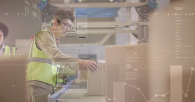 Depodaki çeşitli işçilerin istatistiksel çizelgeleri. Küresel finans, istatistik, hesaplama ve veri işleme kavramı, dijital olarak oluşturulmuş resim.