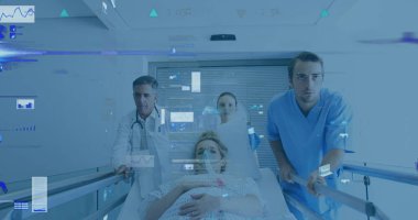 Kafkasyalı doktorlar ve kadın hastaların yataktaki finansal grafikleri. ekonomi, finans, sağlık ve tıp konsepti, dijital olarak üretilen imaj.