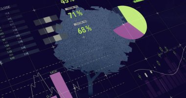 Dijital ağaç üzerinden veritabanı ile bilgi arayüzü resmi. Dijital olarak üretilen hologram, rapor, finans, büyüme, zaman, iletişim ve teknoloji kavramı.