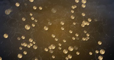 Bulutlar ve yıldırımlar ile gökyüzü üzerinde Bitcoin sembolü olan bir ağ resmi. Küresel teknoloji, bağlantılar ve dijital arayüz kavramı, dijital olarak oluşturulmuş görüntü.