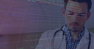 Kafkas erkek doktor üzerinden veri işleme görüntüsü. Küresel tıp, sağlık ve veri işleme kavramı, dijital olarak oluşturulmuş görüntü.