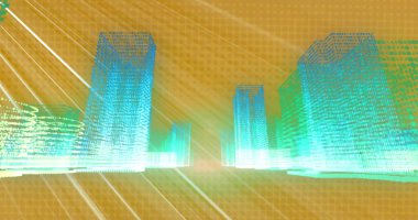 Turuncu arka plandaki ışık yollarının üzerindeki dijital şehir görüntüsü. Küresel bilim, teknoloji ve dijital arayüz kavramı, dijital olarak üretilen görüntü.