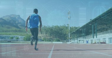 Stadyumda kılıç eğitimi almış Afro-Amerikan bir adamın dijital görüntüsü. Engellilik, aktif yaşam tarzı ve dijital arayüz kavramı, dijital olarak oluşturulmuş görüntü.