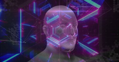 Altıgen tünele karşı kusursuz bir şekilde dönen insan yüzü modeli üzerindeki bağlantılar. Tıbbi araştırma ve bilim teknolojisi kavramı