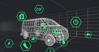 Dijital araba arayüzü ve otomobilin üç boyutlu modelinin üzerindeki ekolojik simgeler. Küresel mühendislik, dijital arayüz, iş, bilgisayar ve veri işleme kavramı, dijital olarak oluşturulmuş görüntü.