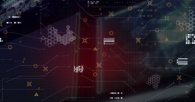 Altıgen deseni ve geometrik şekillerin dijital beyne bağlı noktalar üzerindeki görüntüsü. Dijital olarak üretilmiş, hologram, aydınlatılmış, soyut, yapay zeka ve teknoloji konsepti.