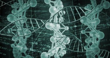 DNA iplikçiklerinin üzerinde veri işleme resmi. Küresel bilim ve dijital arayüz kavramı, dijital olarak oluşturulmuş görüntü.