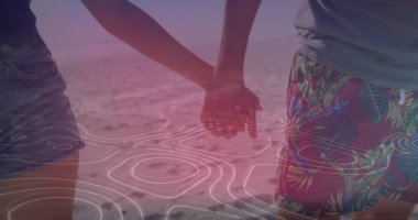 Plajdaki beyaz çiftin üzerindeki şekiller. Tatiller ve dijital arayüz kavramı, dijital olarak oluşturulmuş resim.