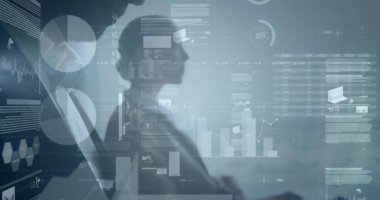 Çeşitli işadamları ve işadamları üzerindeki finansal verilerin görüntüsü. küresel iş, finans, ekonomi ve teknoloji kavramı, dijital olarak üretilen imaj.