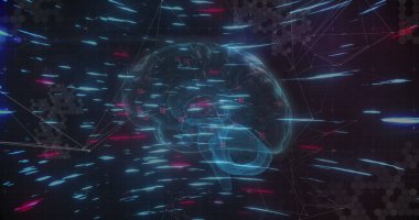 İnsan beyni ve mavi ışık yolları siyah arkaplan ile olan bağlantıların üzerinde dönüyor. Tıbbi araştırma ve bilim teknolojisi kavramı