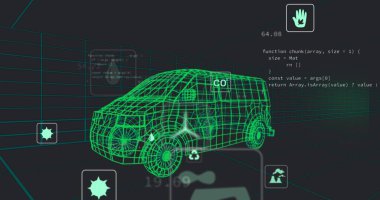 Dijital araba arayüzü ve otomobilin üç boyutlu modelinin üzerindeki ekolojik simgeler. Küresel mühendislik, dijital arayüz, iş, bilgisayar ve veri işleme kavramı, dijital olarak oluşturulmuş görüntü.