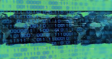 Yeşil arka planda dünya haritasında veri işleme resmi. Küresel teknoloji, bilgisayar ve dijital arayüz kavramı, dijital olarak oluşturulmuş resim.