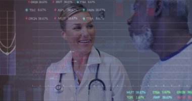 Hastalığını açıklayan çeşitli kadın doktorların grafikleri ve alım satım tahtaları. Dijital bileşik, çoklu pozlama, rapor, iş dünyası, borsa, tıbbi ve sağlık konsepti.