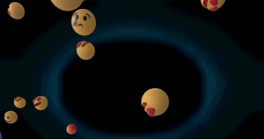 Koyu arkaplanda birden fazla düşen emoji resmi. Sosyal medya ve iletişim konsepti, dijital olarak oluşturulmuş görüntü.