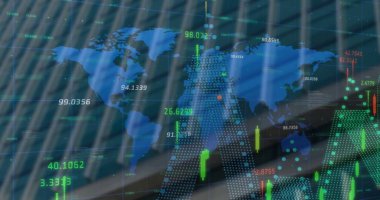 Dünya haritası ve şehir manzarası üzerinde veri işleme, diyagramlar ve borsa resimleri. Küresel iş, teknoloji ve dijital arayüz kavramı, dijital olarak oluşturulmuş görüntü.