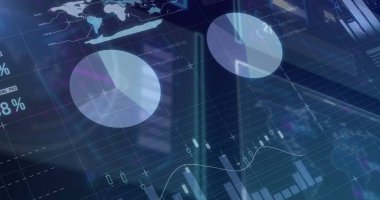 Mavi zemin üzerinde veri işleme ile dijital arayüz üzerinden istatistiksel veri işleme. Bilgisayar arayüzü ve teknoloji kavramı