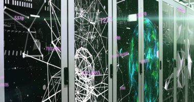 Bilgisayar sunucuları üzerinden veri işleme resmi. Küresel hesaplama ve veri işleme kavramı, dijital olarak oluşturulmuş resim.