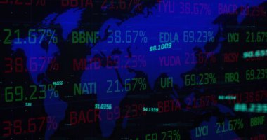 Dünya haritası üzerinde istatistik ve finansal veri işleme resimleri. küresel finansman, iş ve veri işleme kavramı, dijital olarak oluşturulmuş görüntü.