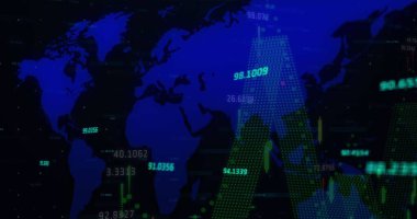 Dünya haritası üzerinde finansal veri işleme resmi. küresel finansman, iş dünyası, dijital arayüz ve teknoloji konsepti, dijital olarak oluşturulmuş görüntü.