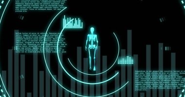 Kapsamlı taramalı veri işleme görüntüsü ve siyah arkaplanda insan iskeleti. Küresel teknoloji, bilgisayar ve dijital arayüz kavramı, dijital olarak oluşturulmuş resim.