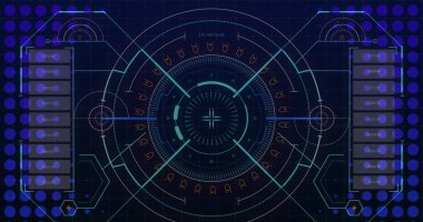 Mavi arka planda veri işleme ile tarama ve dijital arayüz. dijital arayüz ve hesaplama kavramı