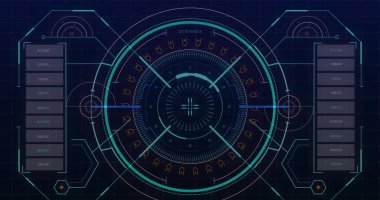 Mavi arka planda veri işleme ile tarama ve dijital arayüz. dijital arayüz ve hesaplama kavramı