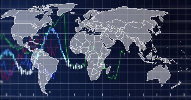 Mavi arkaplanda veri işleme resmi. Küresel iş ve dijital arayüz kavramı, dijital olarak oluşturulmuş görüntü.