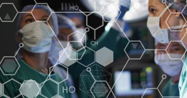 Hastanedeki çeşitli doktorların kimyasal formülleri. Küresel tıp, sağlık ve dijital arayüz kavramı, dijital olarak üretilen görüntü.
