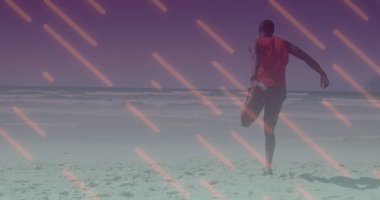 Sahilde gerinen Afro-Amerikan bir adamın üzerindeki çizgilerin resmi. sağlık ve zindelik kavramı, dijital olarak üretilen görüntü.