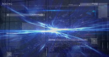 İş adamlarının yürümesi ve ışık yolları üzerinden veri işleme görüntüsü. Küresel iş ve dijital arayüz kavramı, dijital olarak oluşturulmuş görüntü.