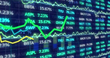 Soyut arka planda işlem tahtası üzerinde çok renkli grafiklerin resmi. Dijital olarak üretilmiş, hologram, borsa, yatırım, rapor, finans, iş ve teknoloji kavramı.