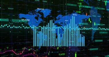 Siyah arkaplan üzerinde veri işleme resmi. Küresel iş ve dijital arayüz kavramı, dijital olarak oluşturulmuş görüntü.