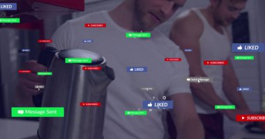 Kafkasyalı erkeklerin kahve koyması üzerine medya simgeleri. Sosyal medya ve dijital arayüz kavramı, dijital olarak oluşturulmuş görüntü.