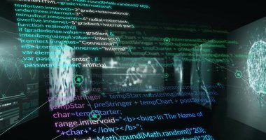 Bilgisayar dili görüntüsü ve bağlantılı noktalar, siyah arkaplan üzerinde çoklu tıbbi arayüz. Dijital olarak üretilmiş, illüstrasyon, kodlama, programlama dili, molekül, anatomi ve teknoloji.