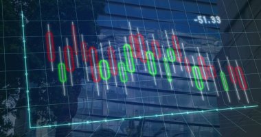 Veri işleme üzerinde şehir manzarası resmi. Küresel iş ve dijital arayüz kavramı, dijital olarak oluşturulmuş görüntü.