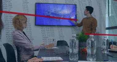 Ofisteki çeşitli iş adamlarıyla ilgili finansal veri işleme resmi. Küresel iş, finans, bağlantılar, hesaplama ve veri işleme kavramı, dijital olarak oluşturulmuş resim.