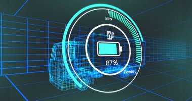 Dijital araba arayüzü ve 3 boyutlu araba modelinin veri işleme görüntüsü. Küresel mühendislik, dijital arayüz, iş, bilgisayar ve veri işleme kavramı, dijital olarak oluşturulmuş görüntü.
