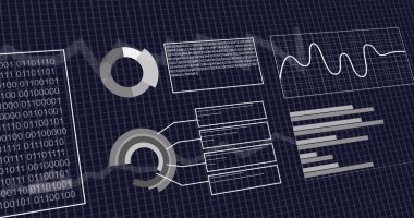 Mavi arkaplana karşı ikili kodlama ve istatistiksel veri işleme arayüzü resmi. Bilgisayar arayüzü ve iş veri teknolojisi kavramı