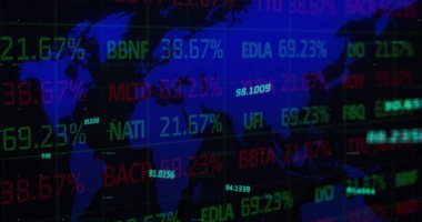 Dünya haritası üzerinde istatistik ve finansal veri işleme resimleri. küresel finansman, iş ve veri işleme kavramı, dijital olarak oluşturulmuş görüntü.