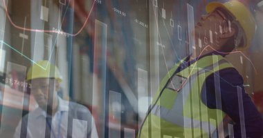 Depodaki çeşitli erkek işçilerin istatistiksel çizelgeleri. Küresel finans, istatistik, hesaplama ve veri işleme kavramı, dijital olarak oluşturulmuş resim.