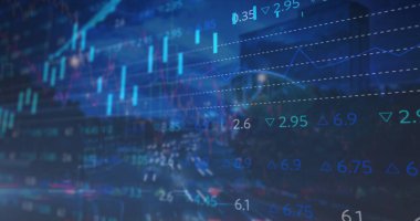 Şehir manzarası üzerinde veri işleme resmi. küresel iş, finans, bağlantılar ve dijital arayüz konsepti, dijital olarak oluşturulmuş görüntü.